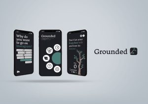 Demonstration images of application, 'Grounded' on iPhone screens.